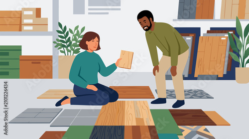 Happy couple selecting premium hardwood flooring samples together inside bright modern interior design showroom home renovation shopping decision illustration