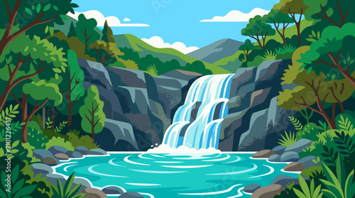 Stunning turquoise waterfall tumbling over rocky cliffs into pristine natural pool surrounded by dense vibrant green forest mountains scenic wilderness landscape vector illustration
