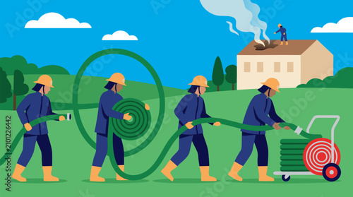 Dedicated professional firefighters team coiling long green hose on wheeled cart to extinguish distant smoldering house roof blaze in rural landscape under bright blue sky with fluffy clouds vivid