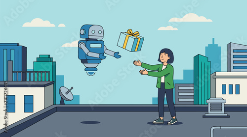 Friendly delivery robot hovering above urban rooftop handing a brightly wrapped gift parcel to smiling young woman against modern city skyline with skyscrapers and clear blue sky in futuristic