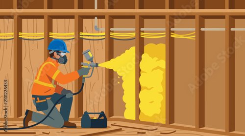 Professional construction worker in safety gear spraying yellow insulation foam between wooden wall studs inside unfinished building interior with tools and wires visible detailed vector illustration