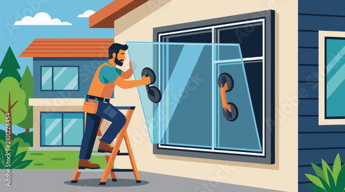 Skilled window installer worker carefully fitting large transparent glass pane with suction cups into wooden frame on ladder at residential house exterior in sunny suburban neighborhood detailed