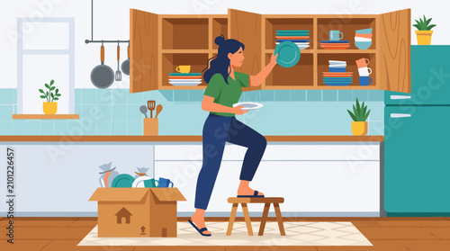 Young smiling woman standing on wooden stool unpacking colorful dishes and plates into open wooden kitchen cabinets from cardboard box in bright modern home interior vector illustration