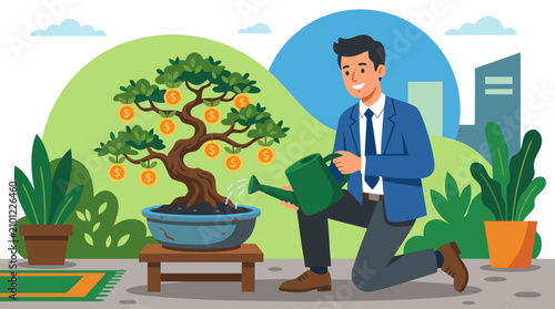 Smiling businessman in blue suit kneeling to water a flourishing bonsai tree bearing golden coin fruits symbolizing financial growth wealth investment success and prosperity in an urban outdoor
