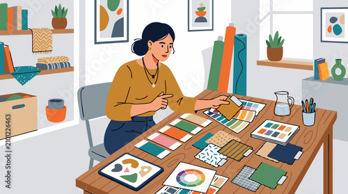Professional female interior designer carefully selecting vibrant paint color palettes and luxurious fabric swatches on a wooden table inside a bright modern creative studio filled with inspiration