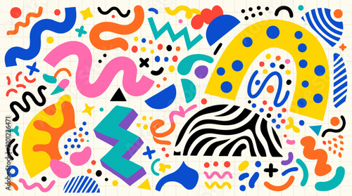 Playful memphis style abstract vector pattern with colorful squiggles dots shapes and geometric forms in bright vibrant palette perfect for trendy fashion textiles packaging and retro inspired design