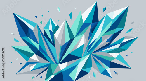 Explosive crystalline geometric abstract composition with sharp faceted shards refracting brilliant cool blue and silver light rays creating a dynamic futuristic metallic crystal explosion on a