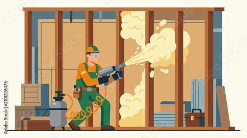 Experienced insulation specialist kneeling while spraying expanding foam into wall cavities between studs in wooden framed house under construction with equipment around detailed vector illustration