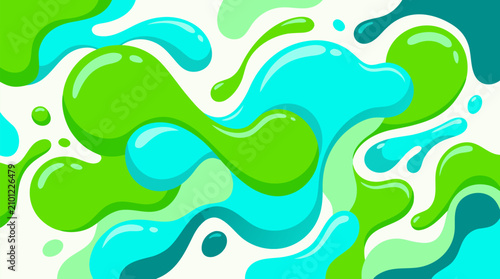Vivid glossy lime and aqua liquid blobs merging dynamically with shiny reflections and fluid motion creating an energetic abstract background perfect for modern design projects and commercial use