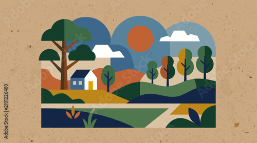 Vibrant kraft cardboard textured landscape vector illustration with geometric trees houses rolling hills sunset and abstract shapes perfect for eco packaging branding stationery and modern commercial