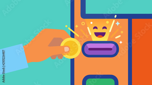 Cheerful hand inserting golden coin into glowing colorful slot machine with happy face and sparkles symbolizing successful payment donation or savings transaction in bright playful cartoon style