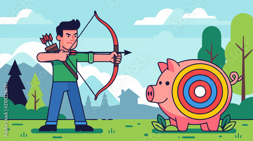 Determined man aiming bow and arrow precisely at pink piggy bank target outdoors illustrating focused financial goal setting savings strategy and investment planning in colorful cartoon style