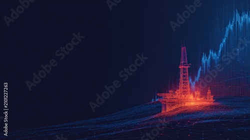 A drilling rig on the ocean surface with a digital graph in the background represents the oil and gas industry. ..Created with Generative AI, not depicting real subjects.