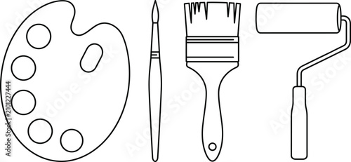 Bild auf Leinwand Art Painting Tool Icon Set with Color Palette Paintbrushes and Roller Vector Lin