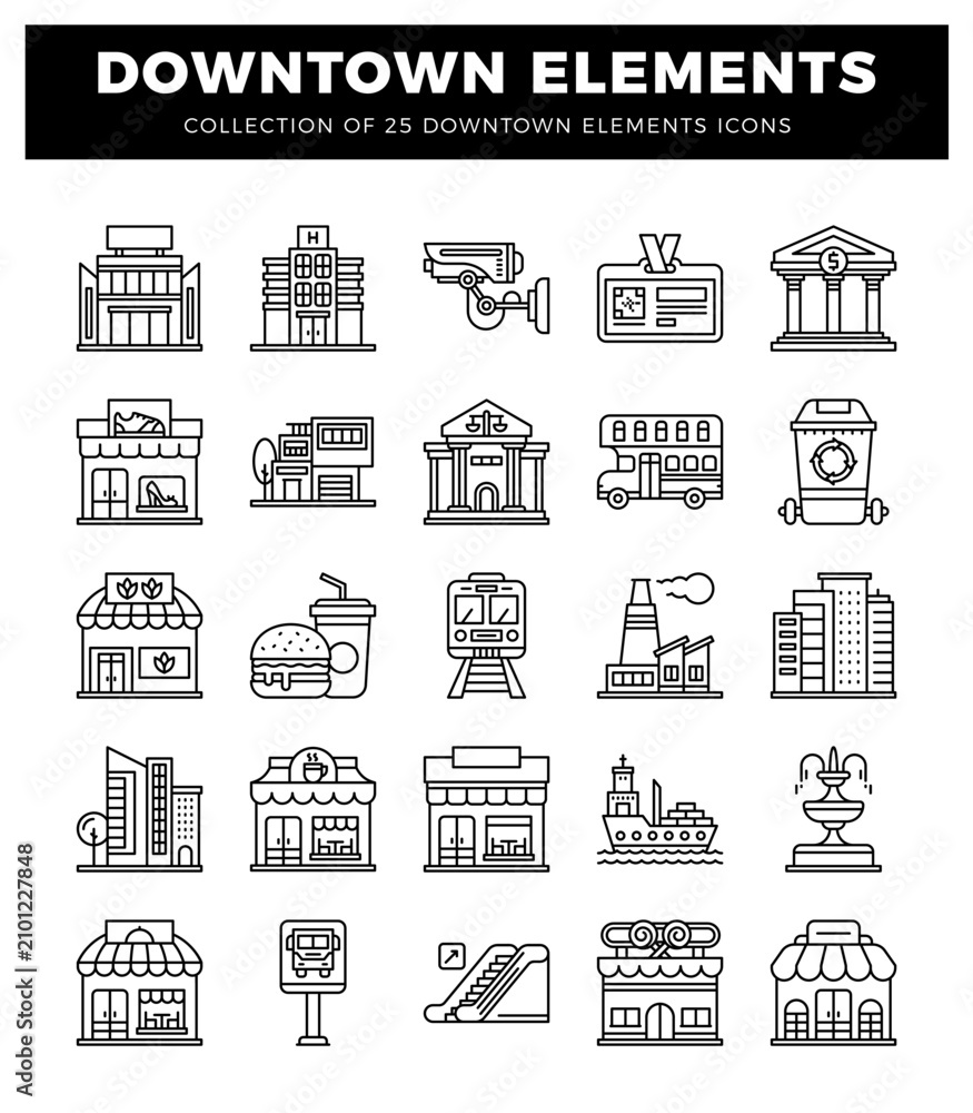 Fototapeta premium downtown element icons with simple line art on a white background. featuring buildings and transportation