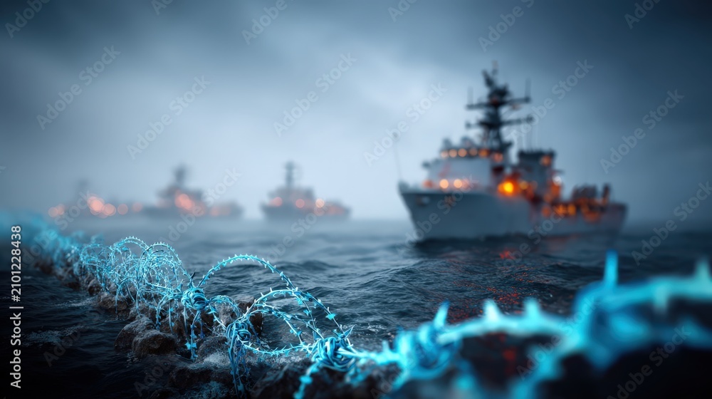 Obraz premium A fleet of naval ships sails through misty, dark waters, their lights glowing against the gloom. ..Created with Generative AI, not depicting real subjects.