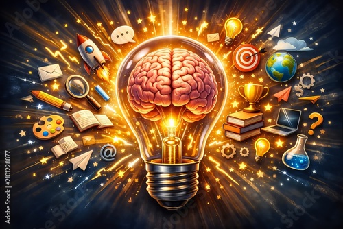 Una bombilla con un cerebro dentro, rodeada de una ráfaga de ideas