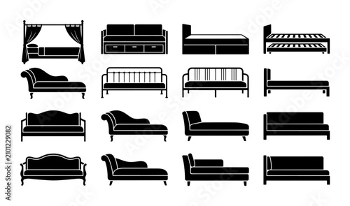 Fotografie Vector Furniture Icons Set: Sofas, Chaise Lounges, and Beds, Black Silhouette Co