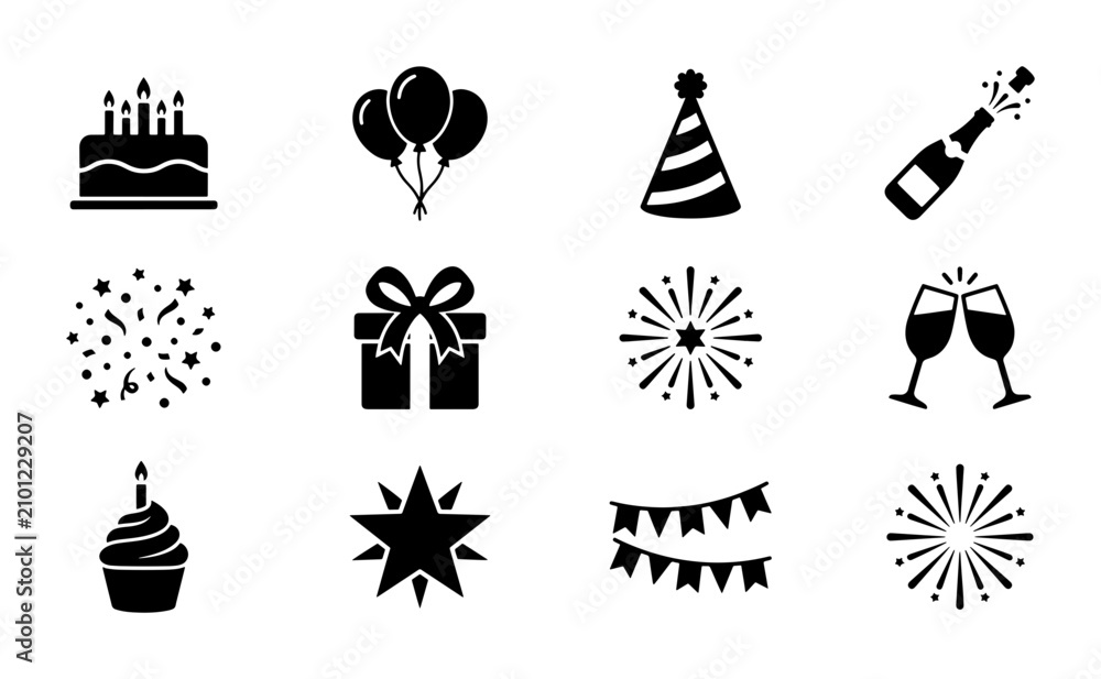 Fototapeta premium Celebration Icons Set: Birthday Cake, Balloons, Party Hat, Champagne, Gift Box, Confetti, Bunting, Star, Firework, Toasting Glasses Vector Graphics