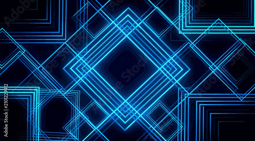 Abstract Blue Neon Geometric Shapes Over Dark Background - Futuristic Tech Design