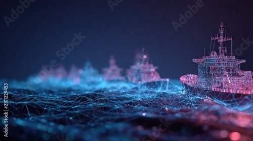 A fleet of digitally rendered naval ships navigate a luminous, network-patterned ocean. ..Created with Generative AI, not depicting real subjects.