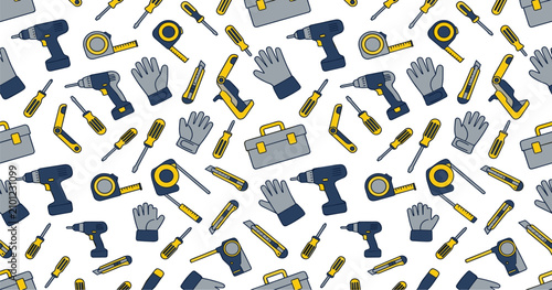 Construction work tools seamless pattern featuring line vector illustrations of electric drills screwdrivers tape measures gloves toolboxes and utility cutter knives backdrop