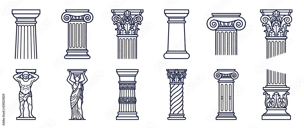Obraz premium Collection of Classical Architectural Columns Line Art