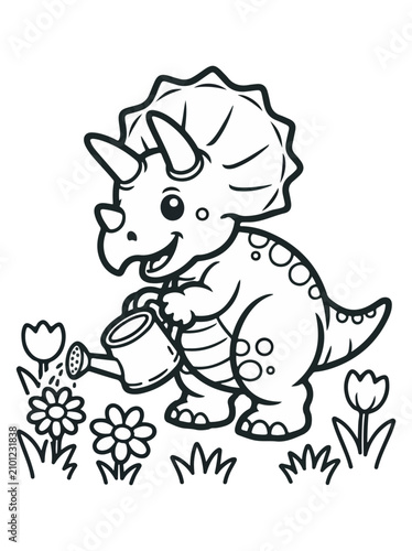 Cute Baby Triceratops Dinosaur Watering Flowers Coloring Page – Kawaii Cartoon Outline Vector