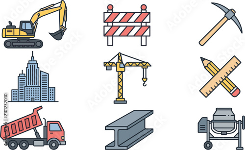 Fotografie Construction and architecture flat line icons set featuring vector illustrations