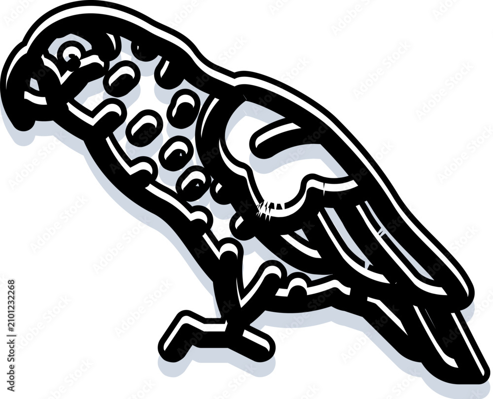 Fototapeta premium Parrot bird in a stylized black and white drawing style depicting a cute avian creature, featuring simple lines and an iconic shape, standing on a clean white background