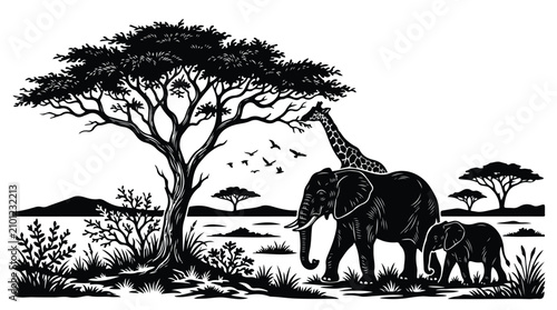Photography African savanna landscape vector illustration, black and white wildlife scene wi