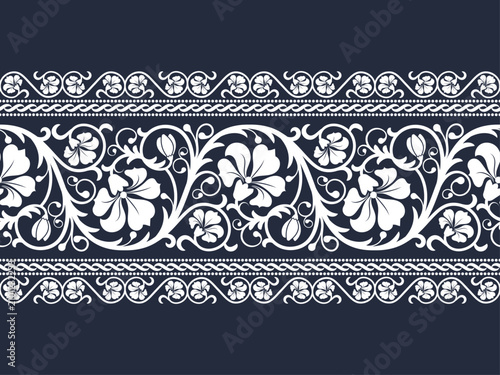Classic white floral seamless border pattern with intricate swirls and botanical elements on a dark navy blue background. Ideal for fabric, trim, and elegant frames.