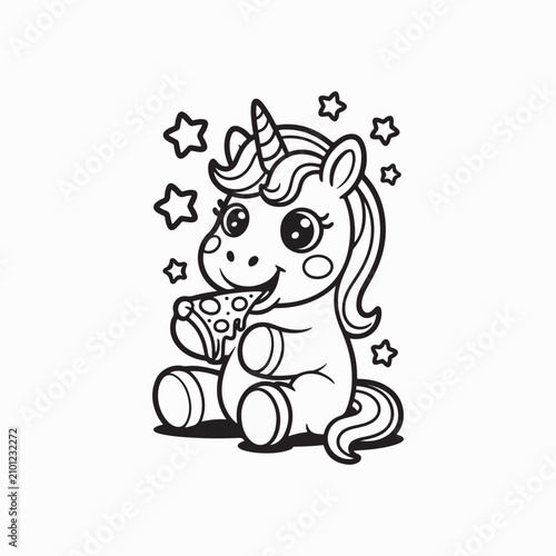 Cute Baby Unicorn Coloring Page with Stars Holding a Cup – Kawaii Cartoon Outline Vector