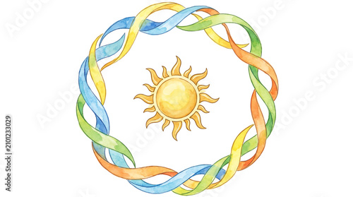 Watercolor sun symbol surrounded by a colorful braided wreath.