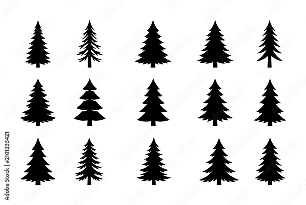 Obraz premium Diverse Evergreen Pine Tree Silhouettes, Set of 15 Black Conifer Vector Icons for Nature and Forest Graphics, Winter and Woodland Design Elements