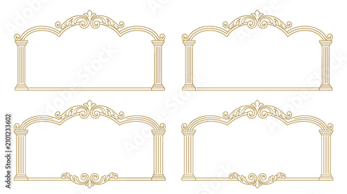 Set of decorative gold ornamental frames with classic architectural pillars, elegant border elements for wedding invitations, certificates, vintage
