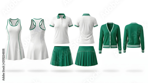 Collection of tennis apparel for women, featuring a dress, polo shirt, skirt, and cardigan in white and green