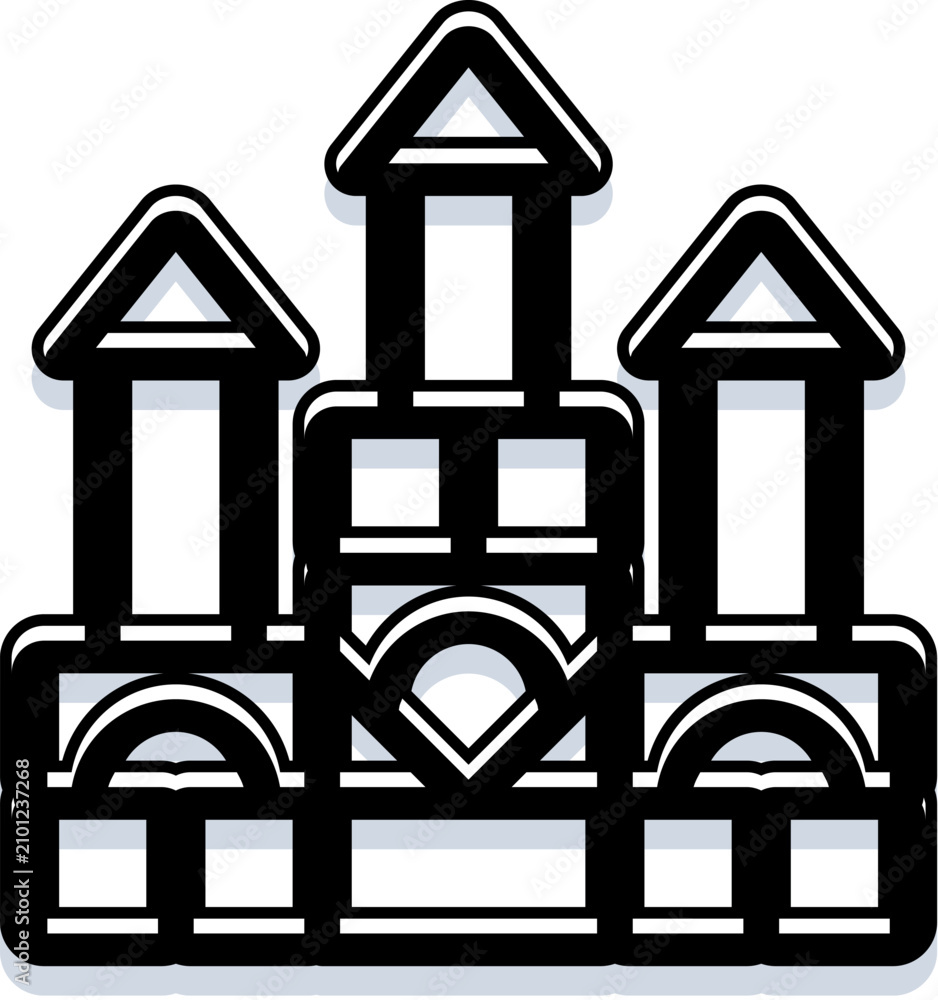 Obraz premium Illustrative castle icon featuring a simplified line art design with black outlines and white fill, creating a clean graphic for medieval architecture and fantasy themes