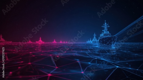 Digital warfare, naval fleet in formation, a powerful abstract concept representing technological advancement and military strategy. ..Created with Generative AI, not depicting real subjects.