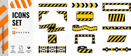 Industrial Caution Tape and Safety Barrier Icon Vector Set