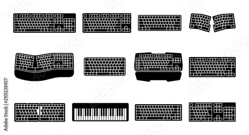 Fotografie Diverse Keyboard Collection Vector Set, Ergonomic and Standard Layouts, Music Ke