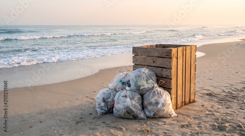 Plastic waste bags collected on the sandy beach next to a wooden crate.