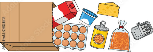 High Protein Grocery Essentials Collection with Eggs, Milk, Yogurt, Cheese, Lentils, Chickpeas, Canned Fish, and Healthy Food Vector Illustration
