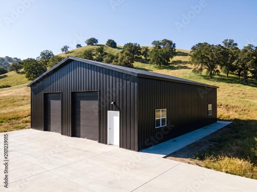 3D Illustration of Black Metal Barn Building with White Trim in Rural Field
