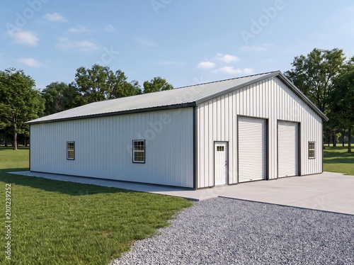 3D Illustration of White Metal Building with Garage Doors Next to Lake