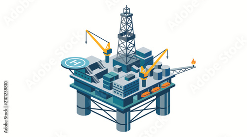 Isometric illustration of an offshore oil drilling rig platform featuring crane equipment and a helipad for energy industrial extraction operations