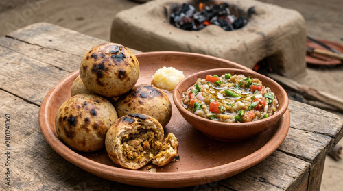 Authentic Bihari Litti Chokha served on a rustic wooden table with a clay oven background