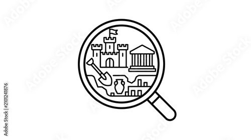 Minimalist Black and White Line Drawing of Magnifying Glass Revealing Castle Ruins and Archaeological Tools