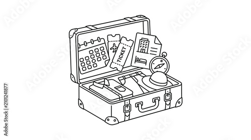 Minimalist Black and White Line Drawing of Open Suitcase Packed with Travel Essentials and Documents