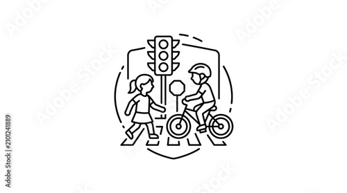 Minimalist Black and White Line Drawing of Pedestrian and Cyclist Crossing at Traffic Light with high quality professional line art symbols for modern creative design and digital branding projects